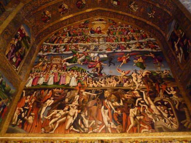 A fresco depicting Heaven, Earth, and Hell: